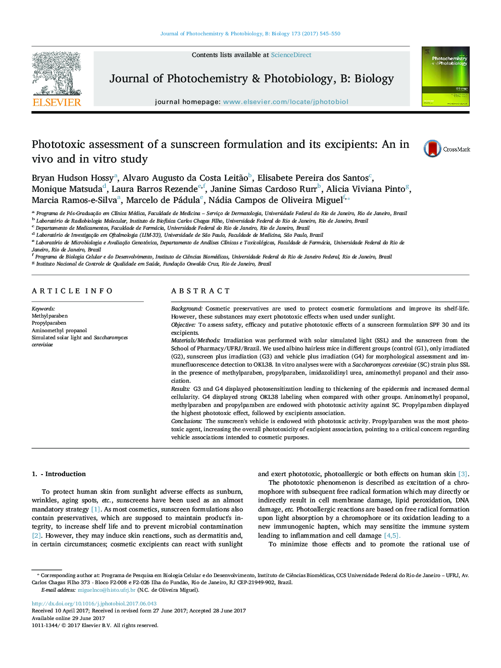 Phototoxic assessment of a sunscreen formulation and its excipients: An in vivo and in vitro study