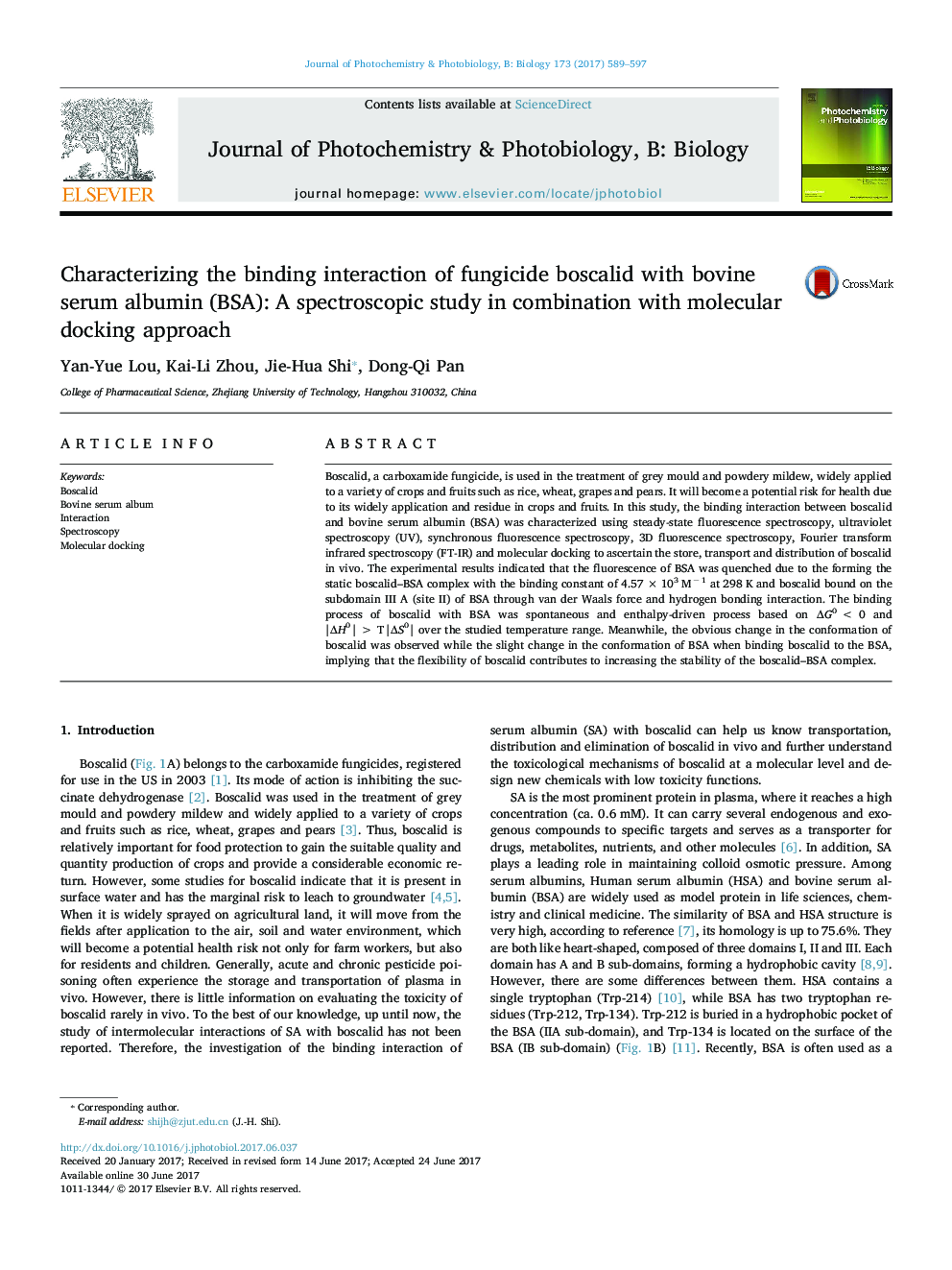 Characterizing the binding interaction of fungicide boscalid with bovine serum albumin (BSA): A spectroscopic study in combination with molecular docking approach