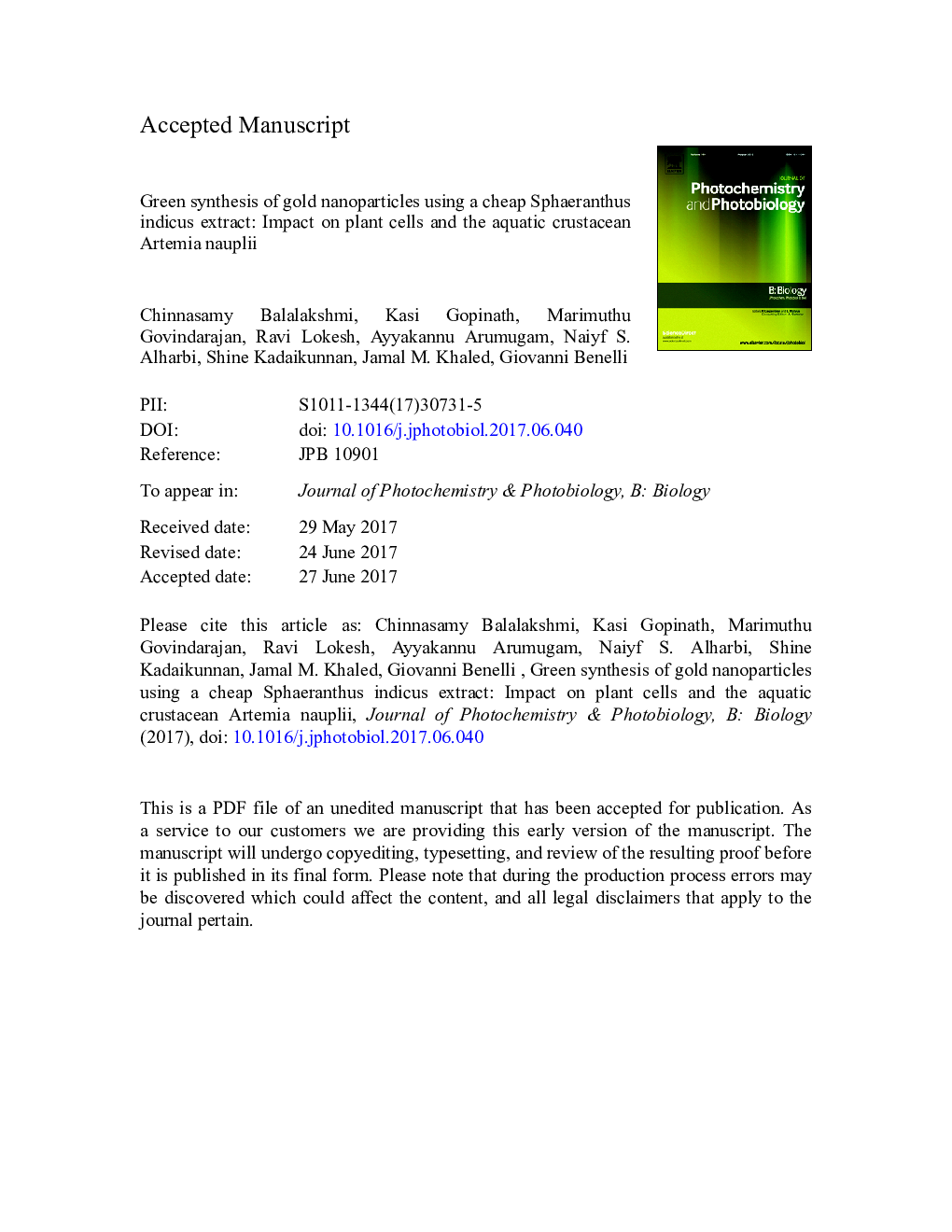 Green synthesis of gold nanoparticles using a cheap Sphaeranthus indicus extract: Impact on plant cells and the aquatic crustacean Artemia nauplii