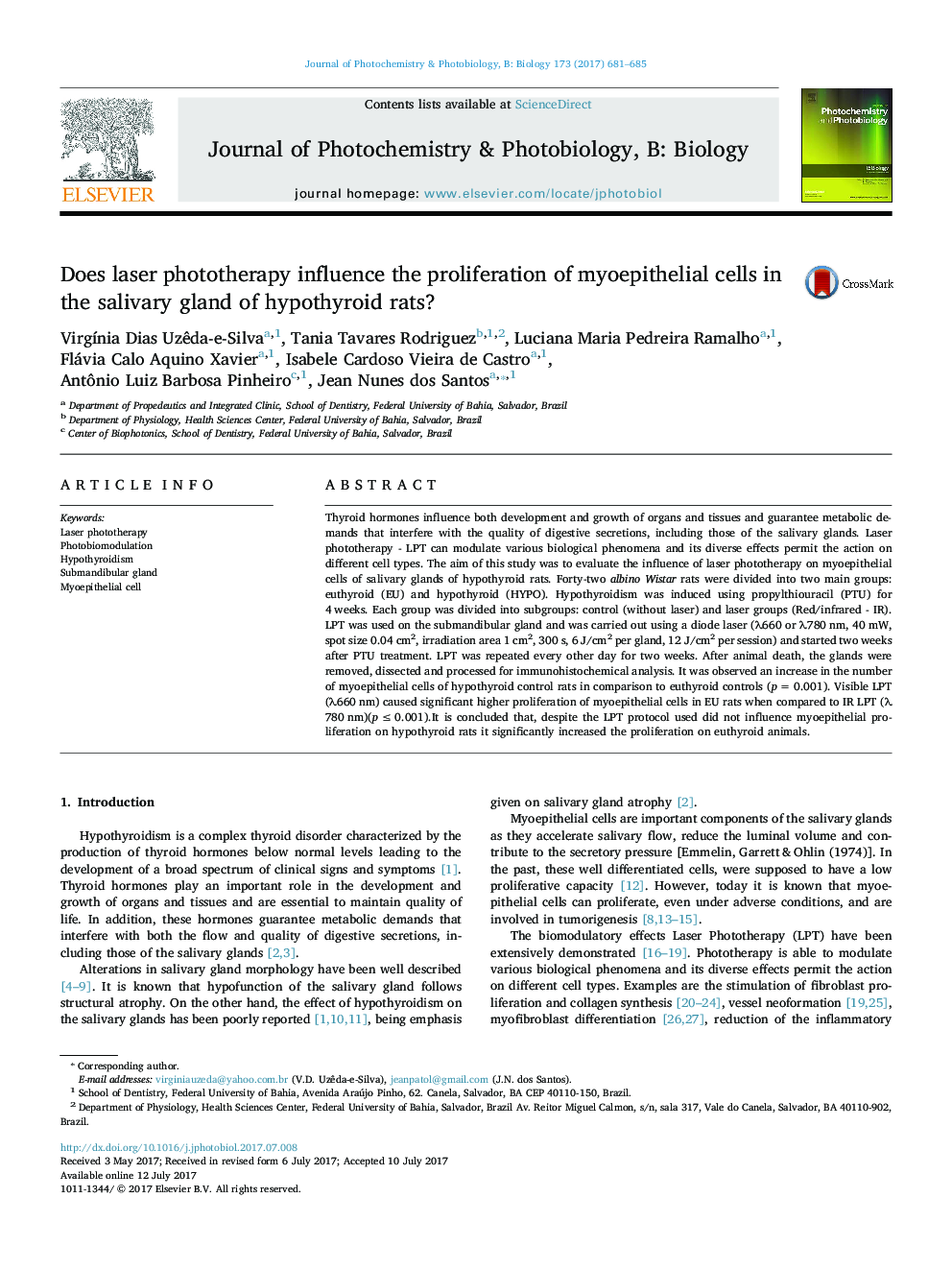 Does laser phototherapy influence the proliferation of myoepithelial cells in the salivary gland of hypothyroid rats?