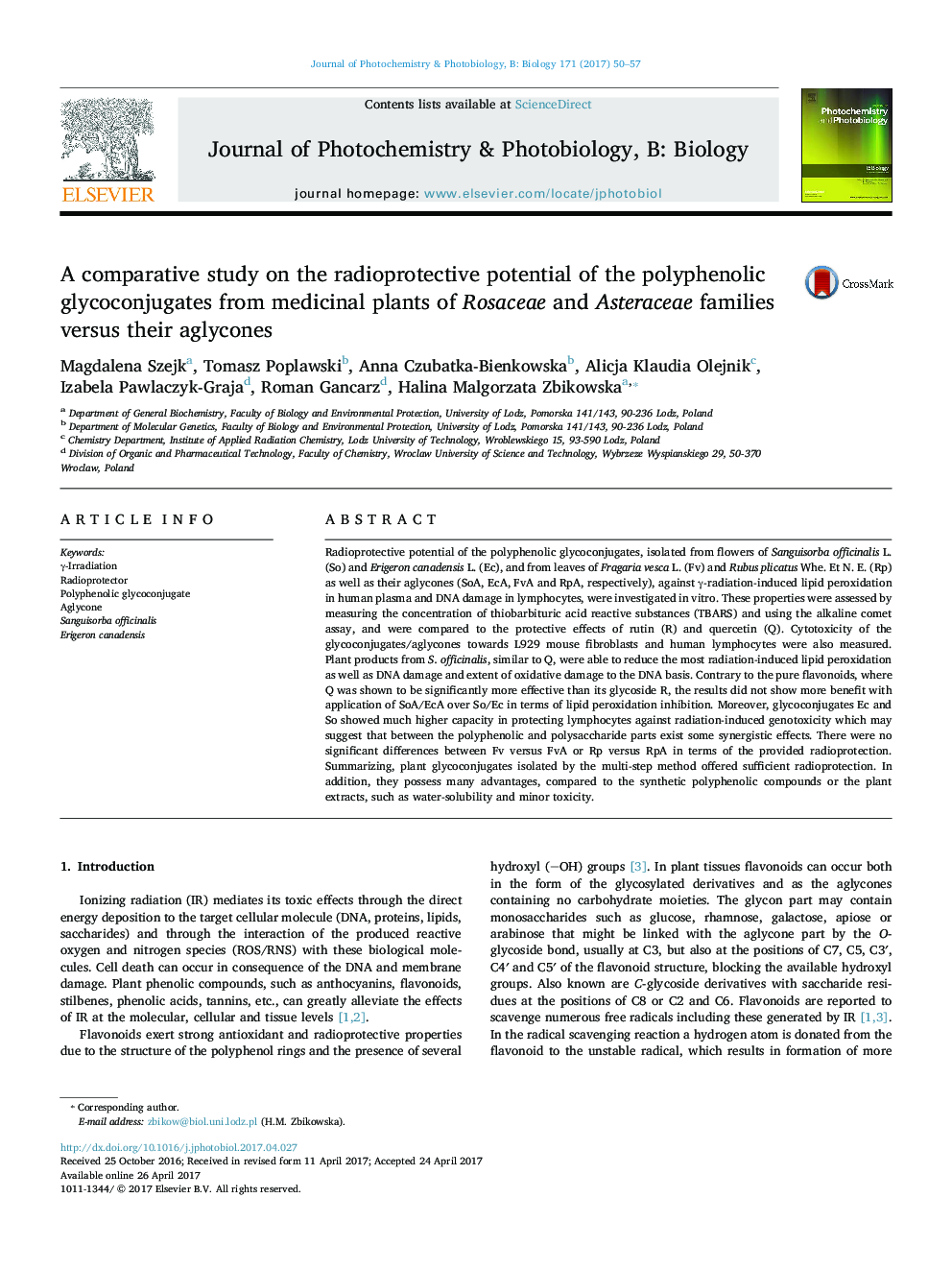 A comparative study on the radioprotective potential of the polyphenolic glycoconjugates from medicinal plants of Rosaceae and Asteraceae families versus their aglycones