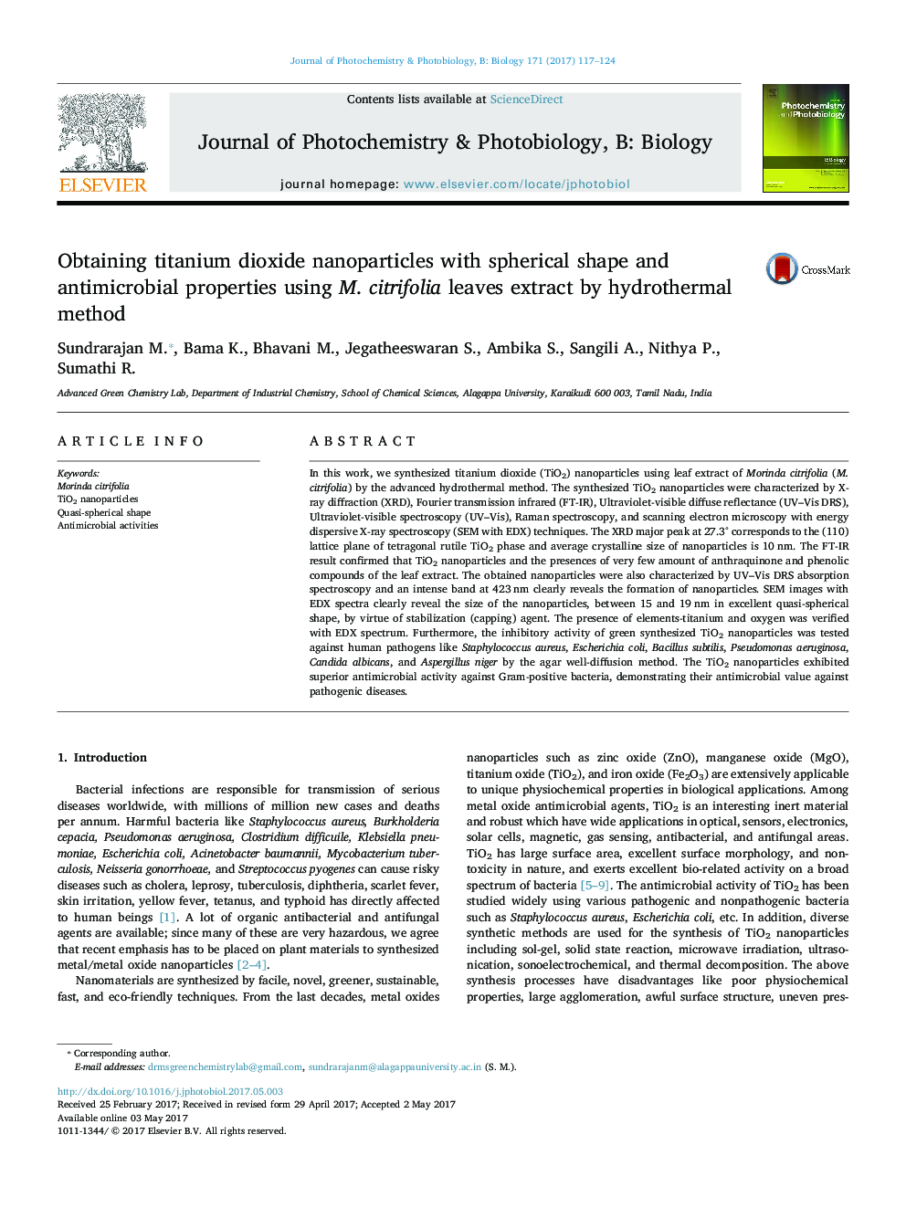 Obtaining titanium dioxide nanoparticles with spherical shape and antimicrobial properties using M. citrifolia leaves extract by hydrothermal method