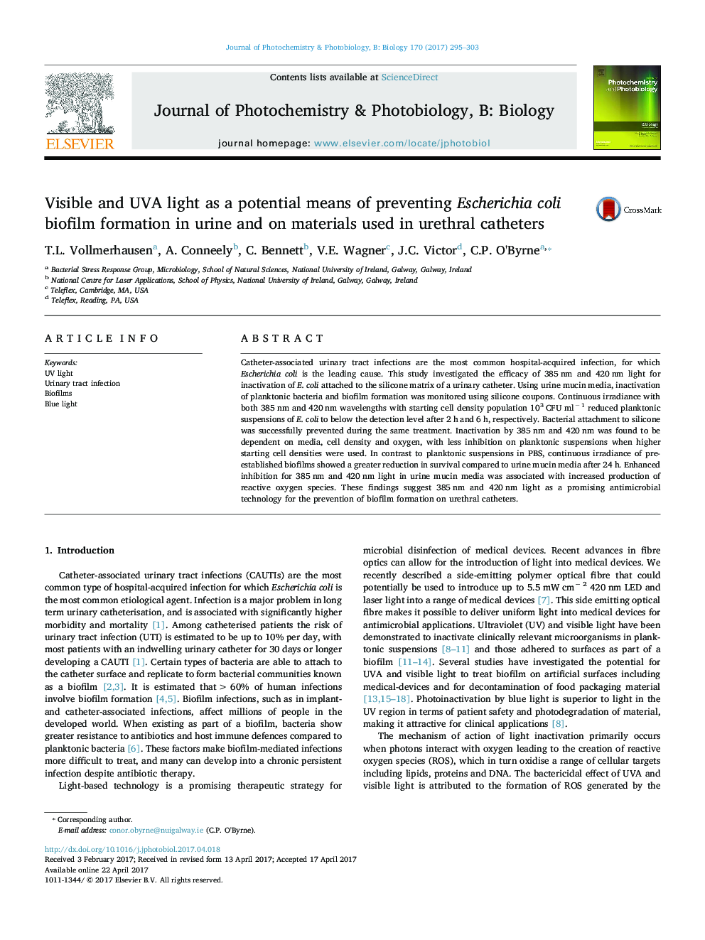 Visible and UVA light as a potential means of preventing Escherichia coli biofilm formation in urine and on materials used in urethral catheters