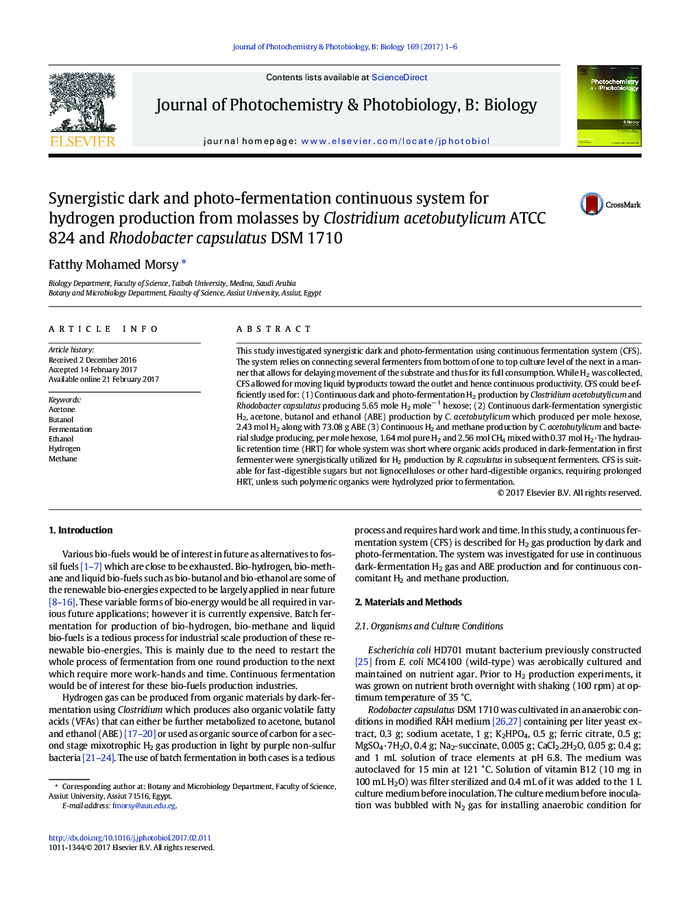 Synergistic dark and photo-fermentation continuous system for hydrogen production from molasses by Clostridium acetobutylicum ATCC 824 and Rhodobacter capsulatus DSM 1710