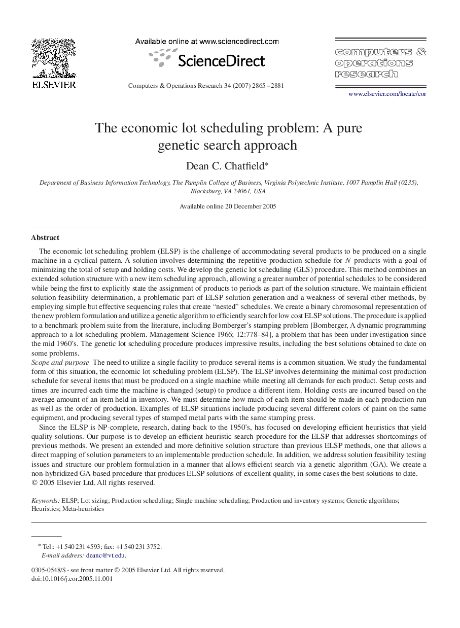 The economic lot scheduling problem: A pure genetic search approach