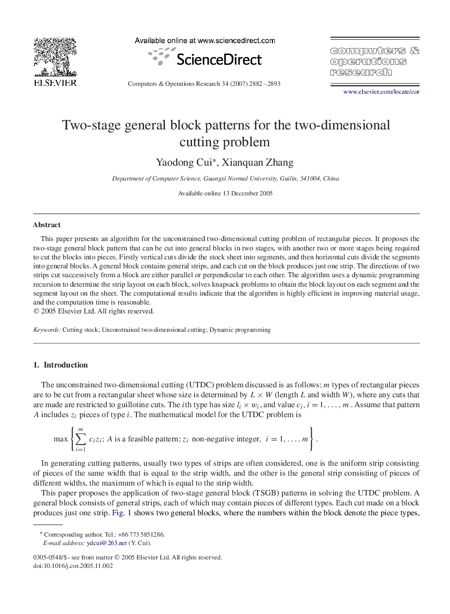 Two-stage general block patterns for the two-dimensional cutting problem