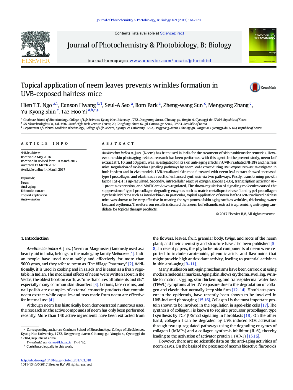 Topical application of neem leaves prevents wrinkles formation in UVB-exposed hairless mice