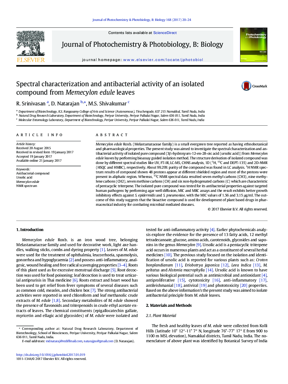 Spectral characterization and antibacterial activity of an isolated compound from Memecylon edule leaves