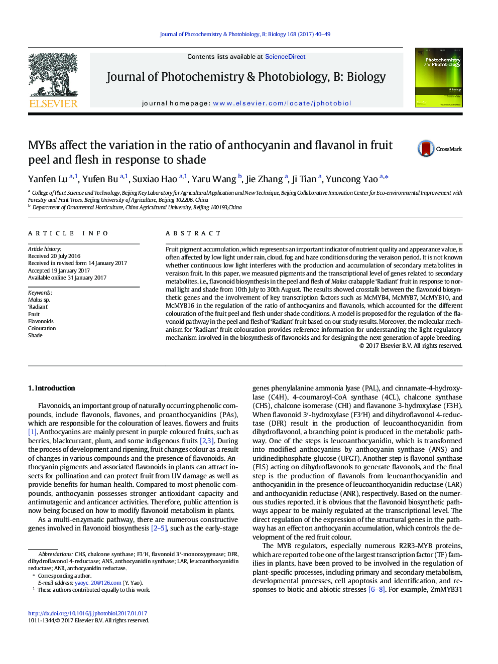 MYBs affect the variation in the ratio of anthocyanin and flavanol in fruit peel and flesh in response to shade