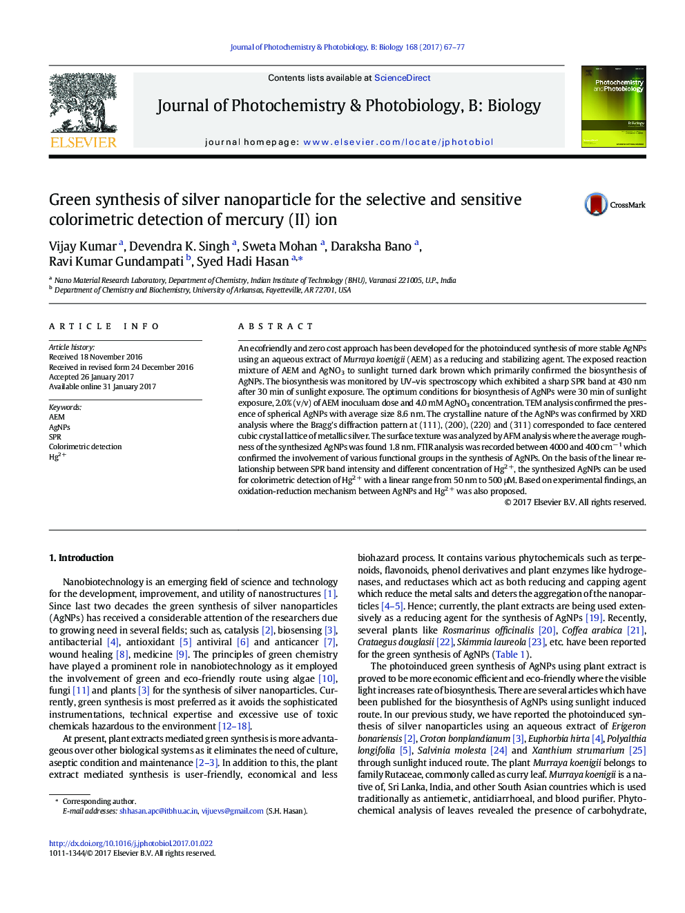 Green synthesis of silver nanoparticle for the selective and sensitive colorimetric detection of mercury (II) ion