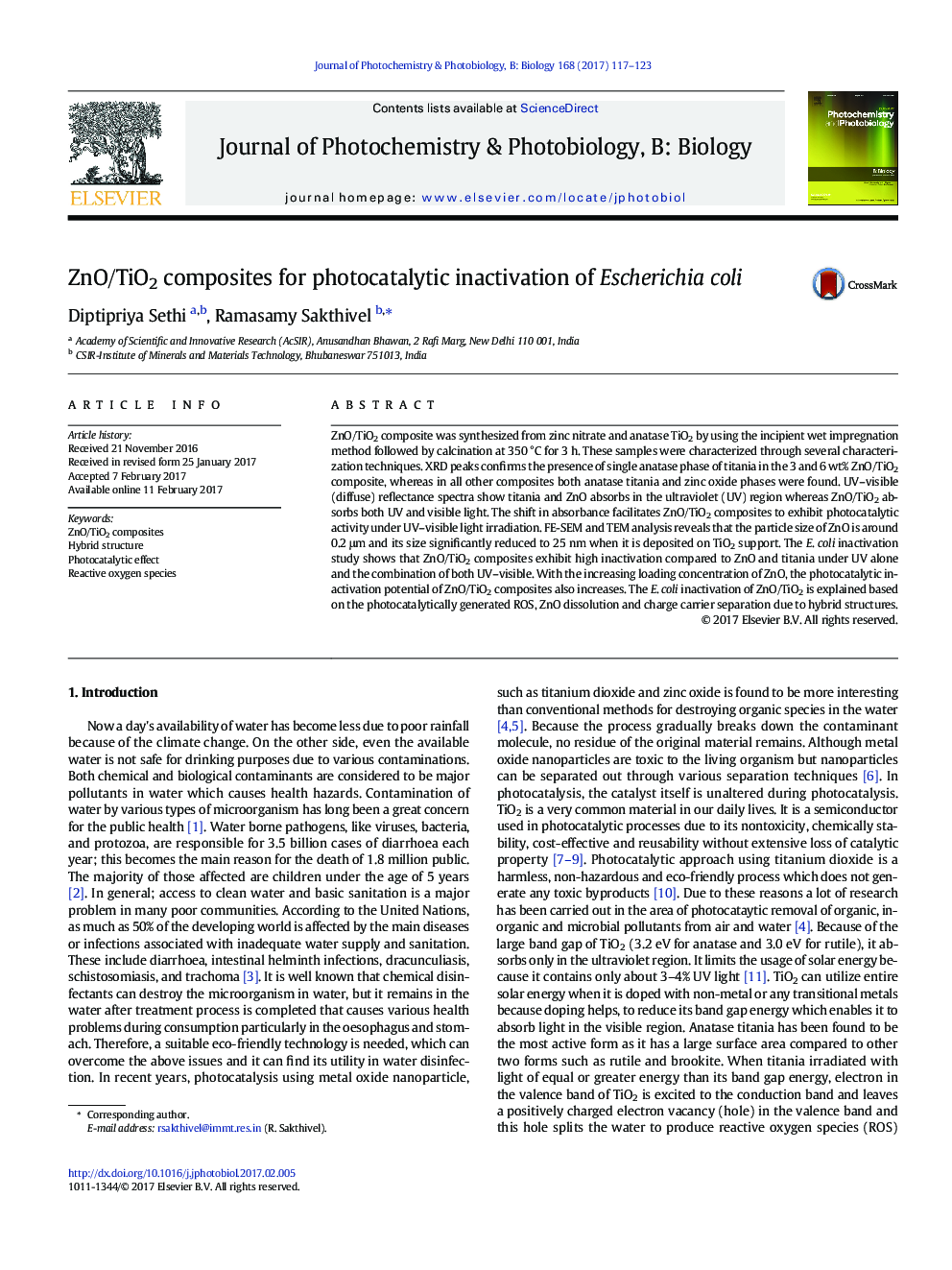 ZnO/TiO2 composites for photocatalytic inactivation of Escherichia coli