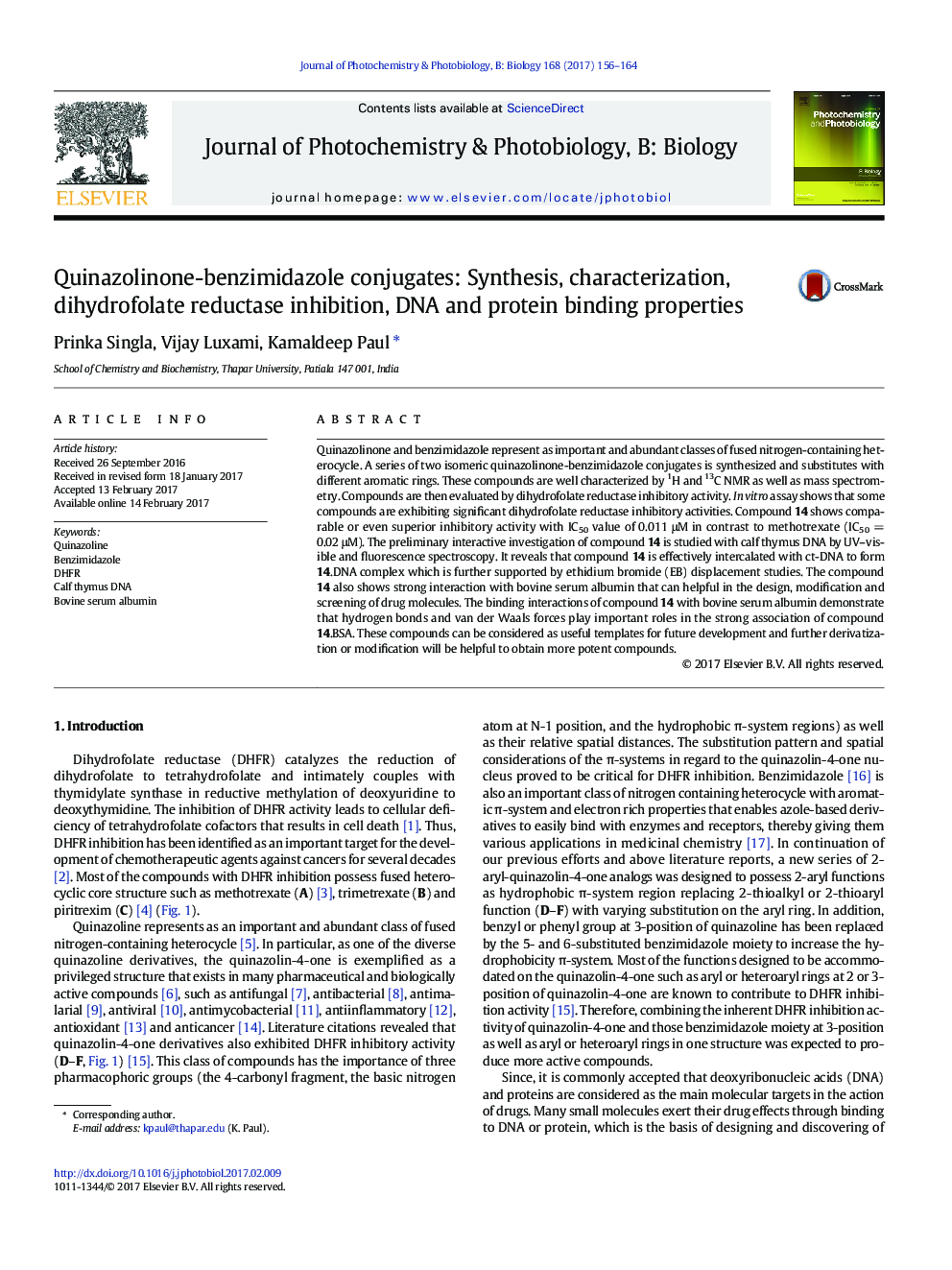 Quinazolinone-benzimidazole conjugates: Synthesis, characterization, dihydrofolate reductase inhibition, DNA and protein binding properties