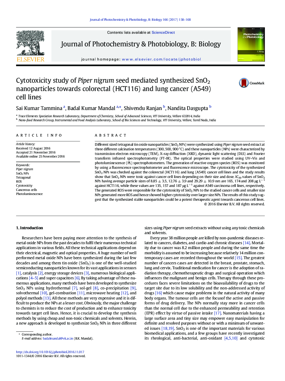 Cytotoxicity study of Piper nigrum seed mediated synthesized SnO2 nanoparticles towards colorectal (HCT116) and lung cancer (A549) cell lines