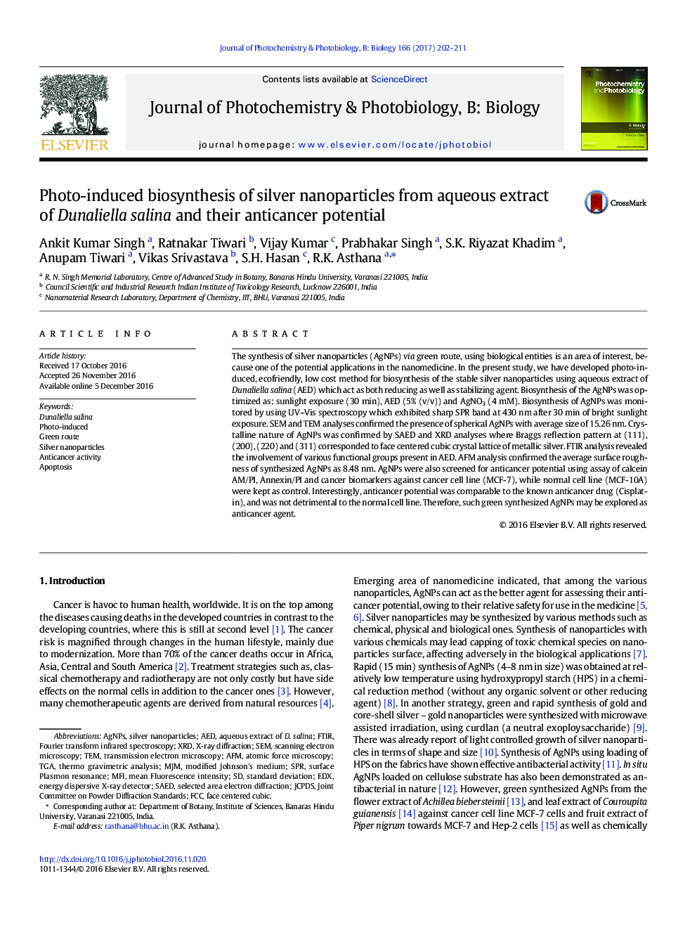 Photo-induced biosynthesis of silver nanoparticles from aqueous extract of Dunaliella salina and their anticancer potential