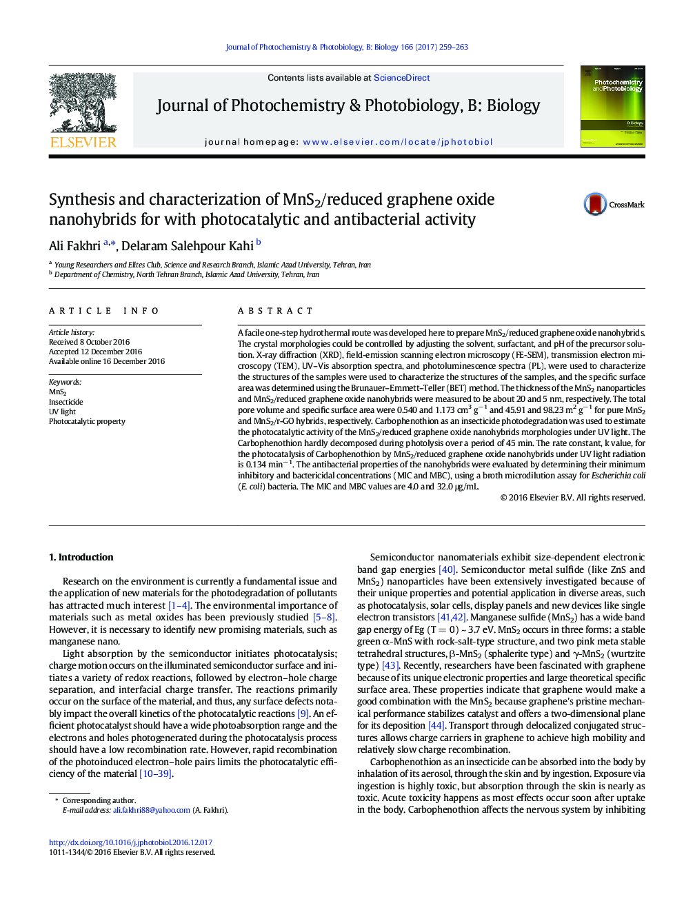 Synthesis and characterization of MnS2/reduced graphene oxide nanohybrids for with photocatalytic and antibacterial activity