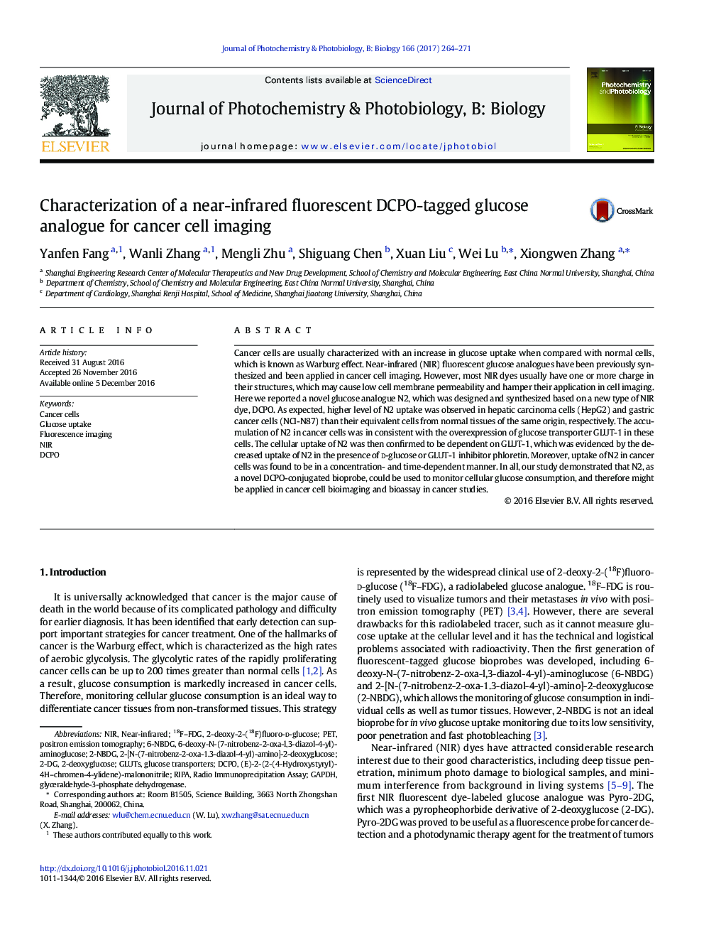 Characterization of a near-infrared fluorescent DCPO-tagged glucose analogue for cancer cell imaging