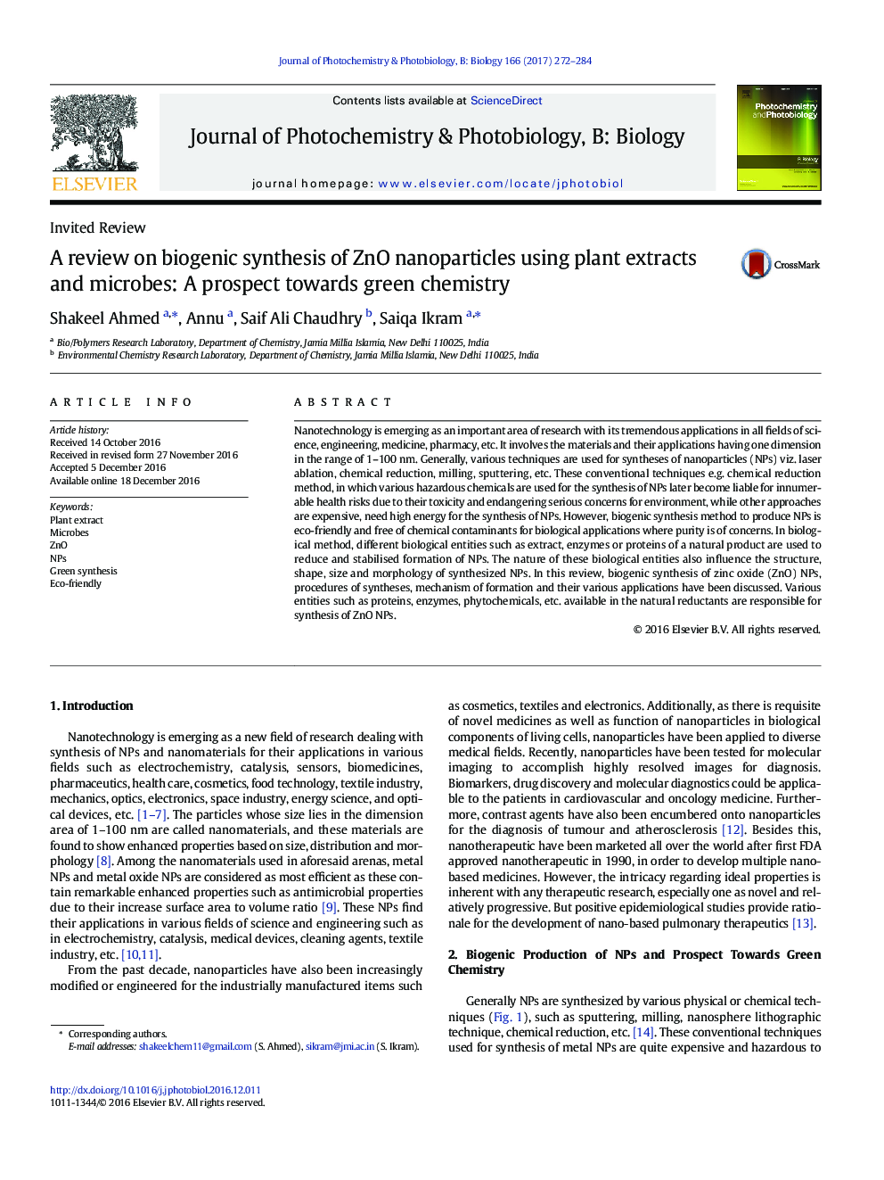 Invited ReviewA review on biogenic synthesis of ZnO nanoparticles using plant extracts and microbes: A prospect towards green chemistry