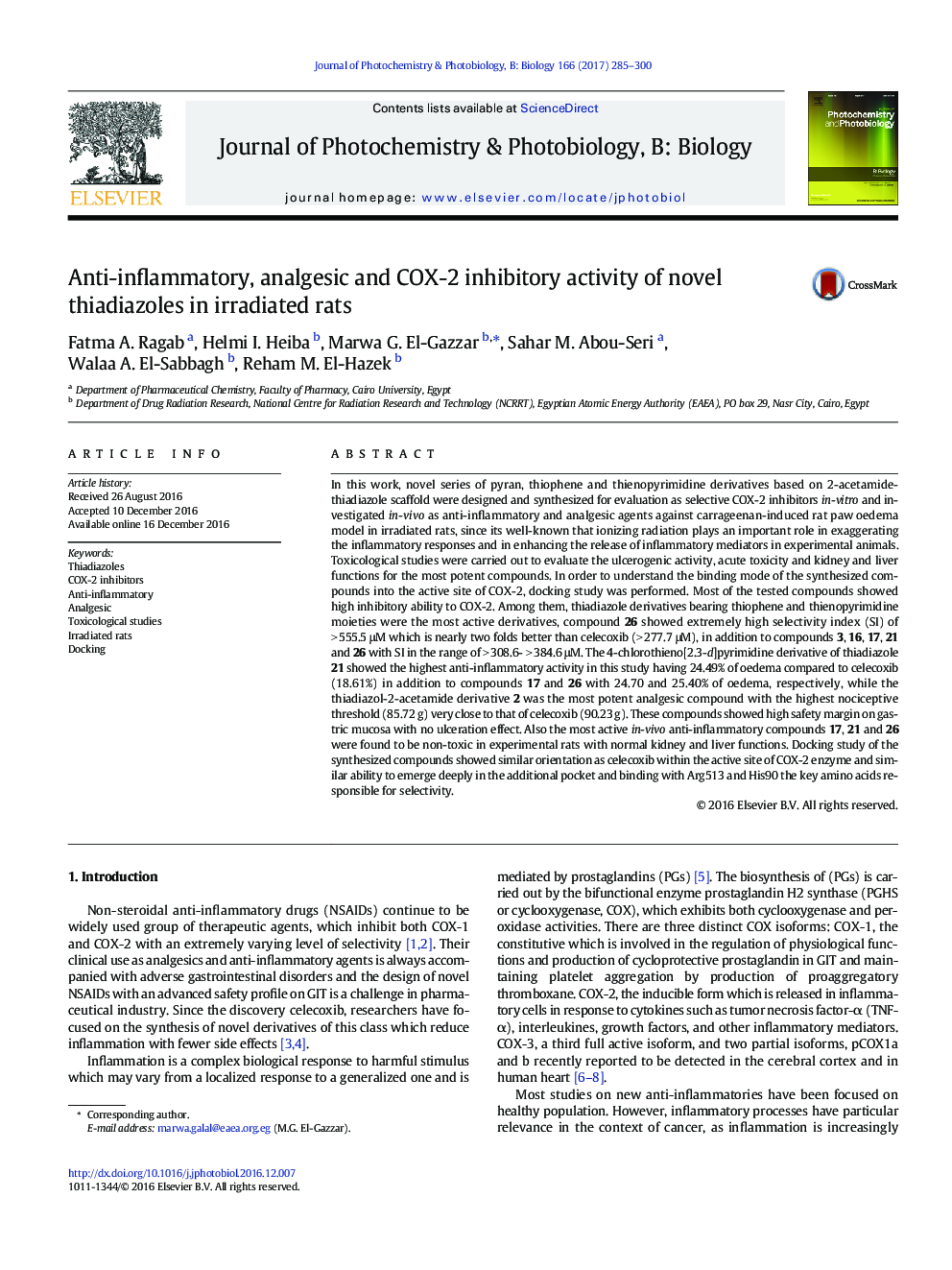 Anti-inflammatory, analgesic and COX-2 inhibitory activity of novel thiadiazoles in irradiated rats