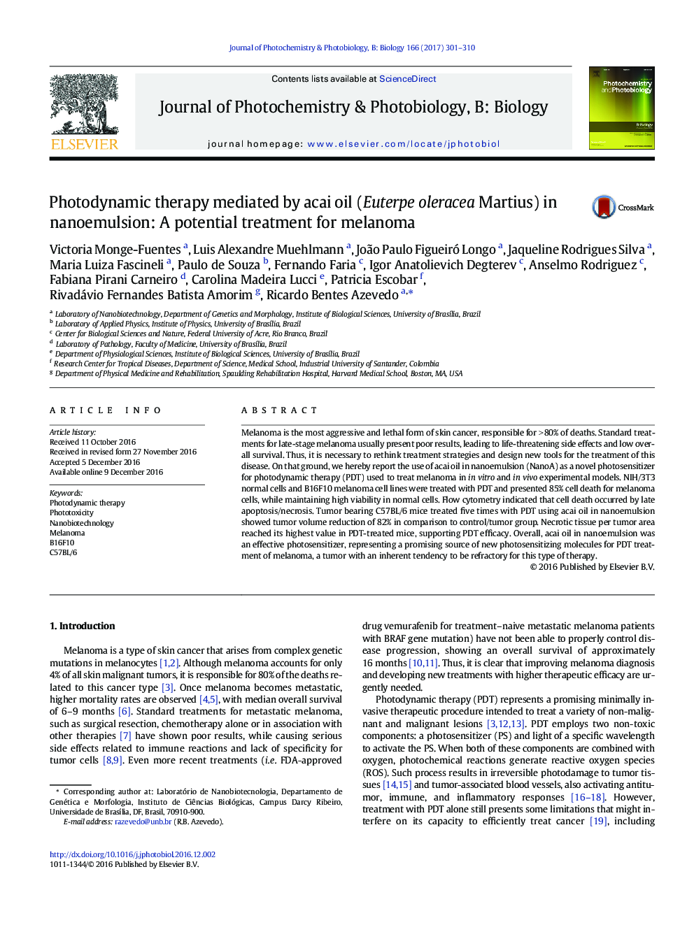 Photodynamic therapy mediated by acai oil (Euterpe oleracea Martius) in nanoemulsion: A potential treatment for melanoma