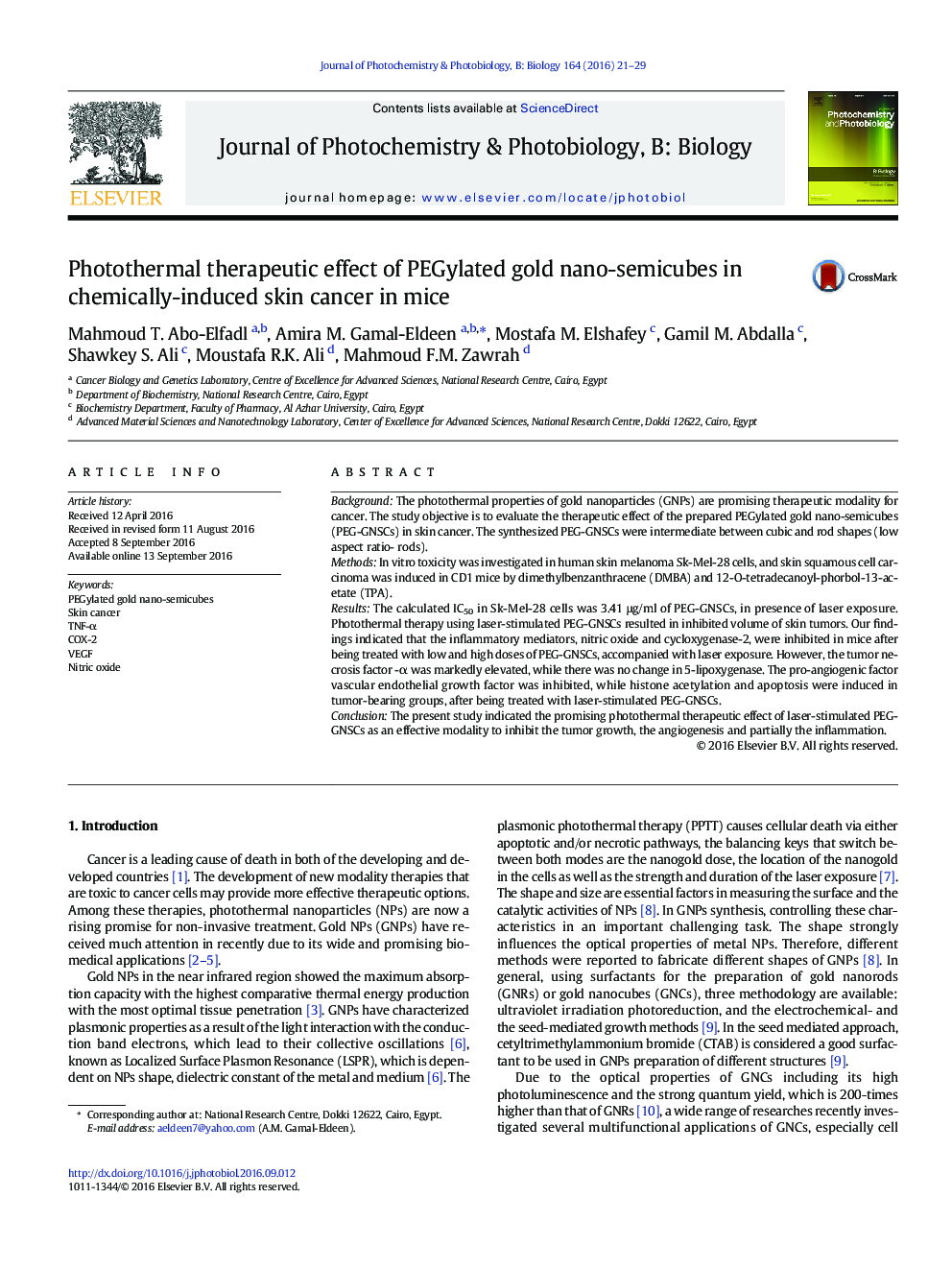 Photothermal therapeutic effect of PEGylated gold nano-semicubes in chemically-induced skin cancer in mice