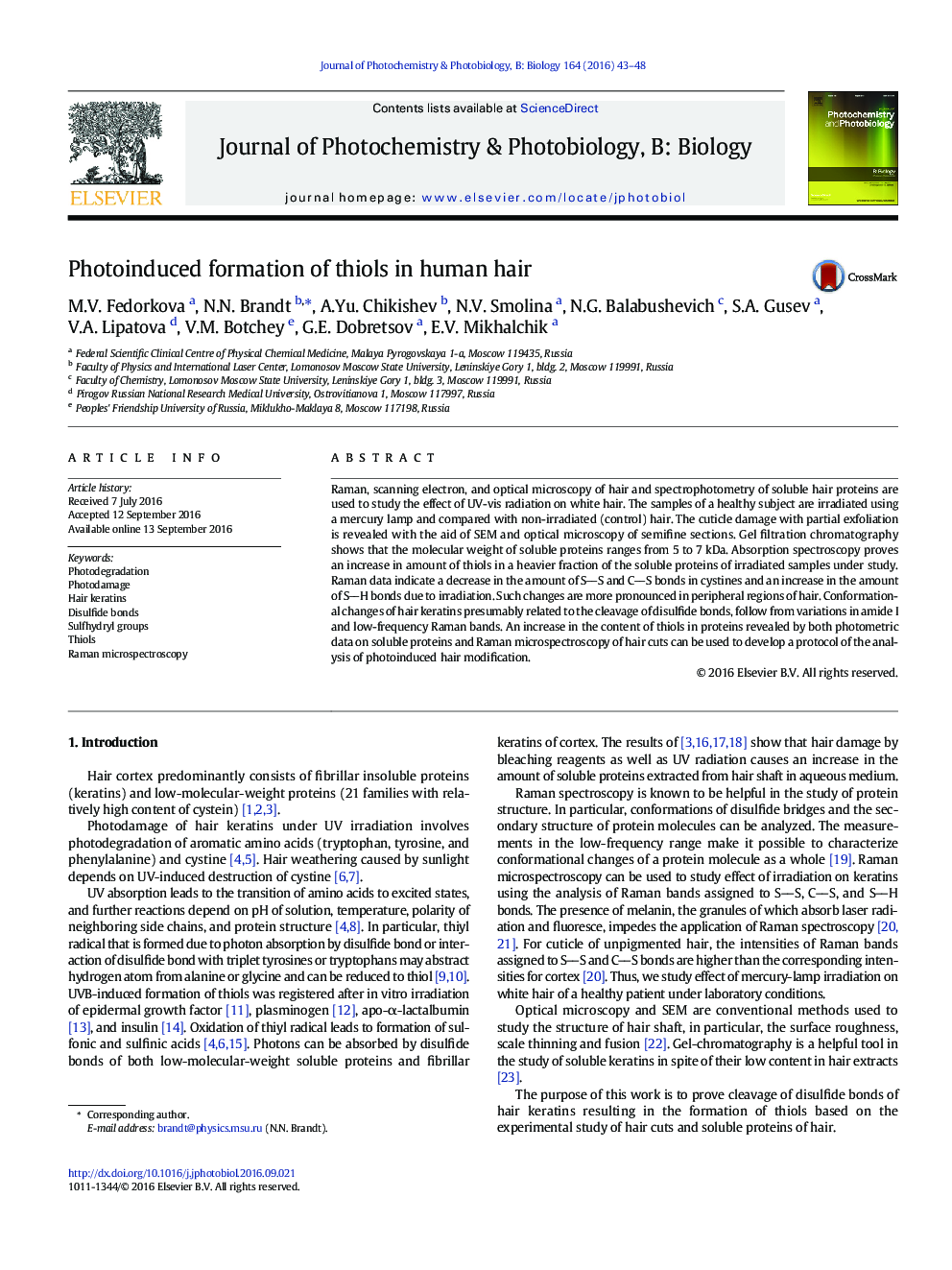 Photoinduced formation of thiols in human hair