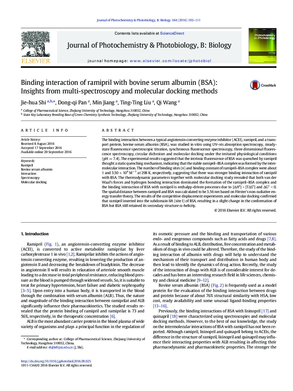 Binding interaction of ramipril with bovine serum albumin (BSA): Insights from multi-spectroscopy and molecular docking methods