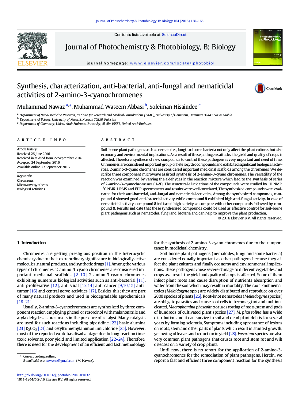 Synthesis, characterization, anti-bacterial, anti-fungal and nematicidal activities of 2-amino-3-cyanochromenes