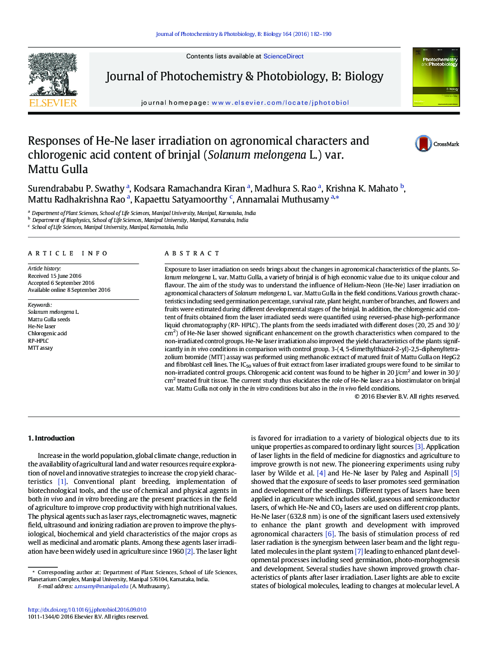 Responses of He-Ne laser irradiation on agronomical characters and chlorogenic acid content of brinjal (Solanum melongena L.) var. Mattu Gulla