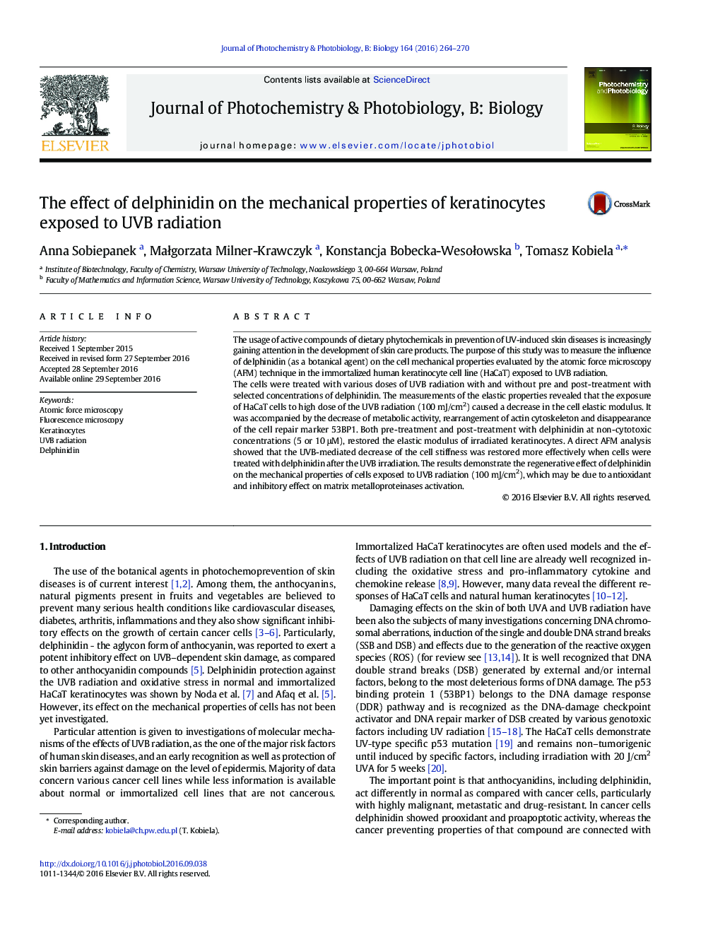 The effect of delphinidin on the mechanical properties of keratinocytes exposed to UVB radiation