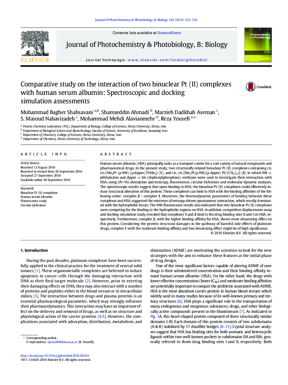 Comparative study on the interaction of two binuclear Pt (II) complexes with human serum albumin: Spectroscopic and docking simulation assessments