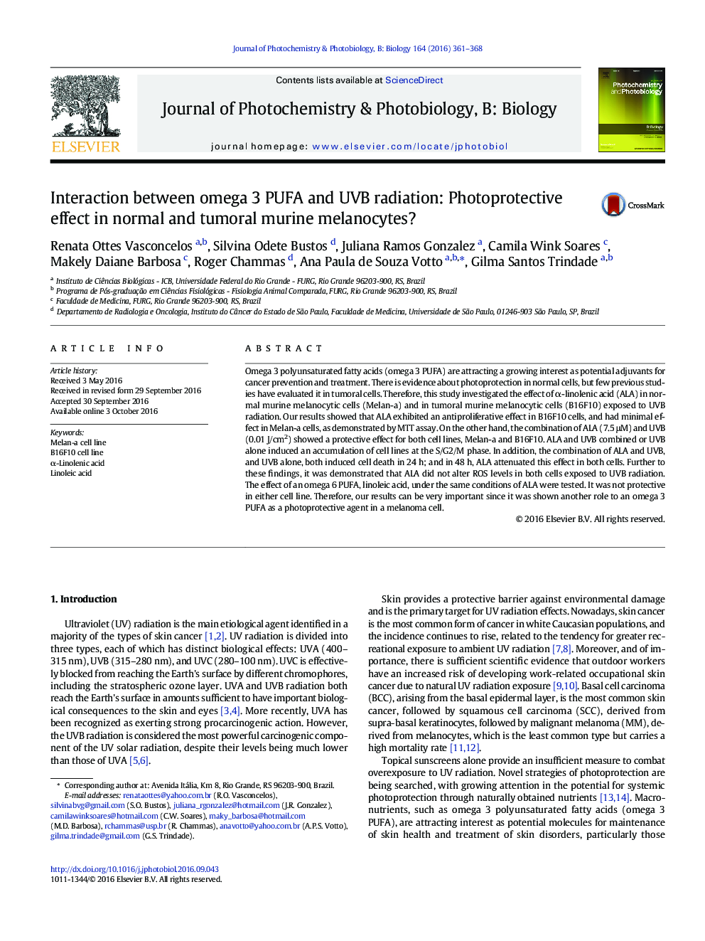 Interaction between omega 3 PUFA and UVB radiation: Photoprotective effect in normal and tumoral murine melanocytes?