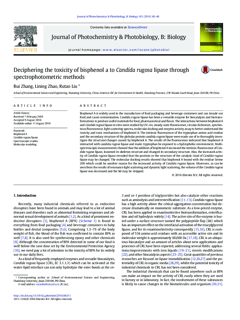 Deciphering the toxicity of bisphenol a to Candida rugosa lipase through spectrophotometric methods