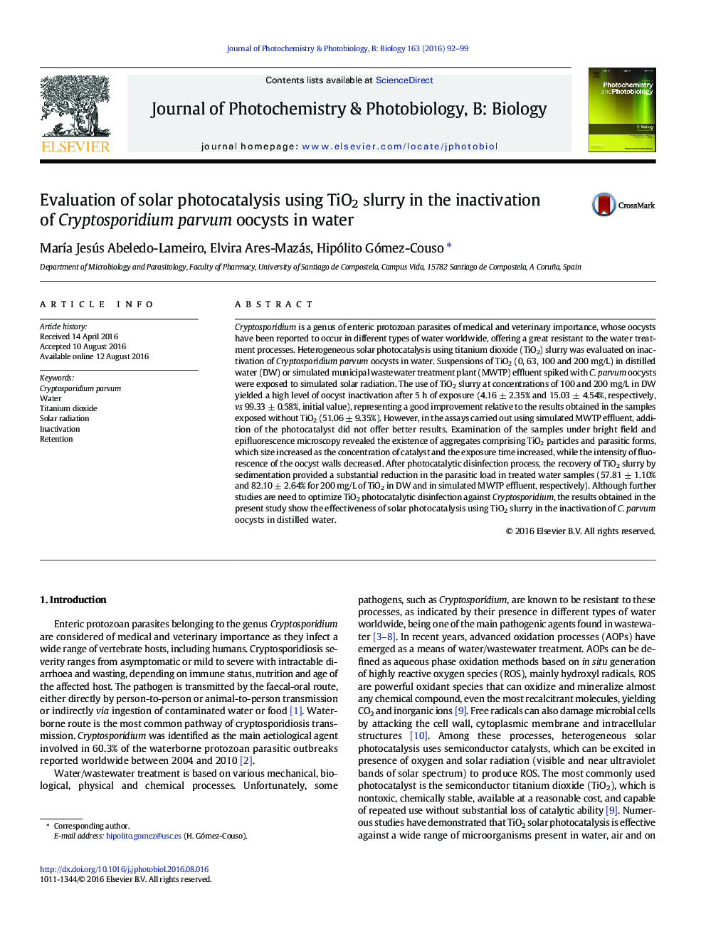 Evaluation of solar photocatalysis using TiO2 slurry in the inactivation of Cryptosporidium parvum oocysts in water