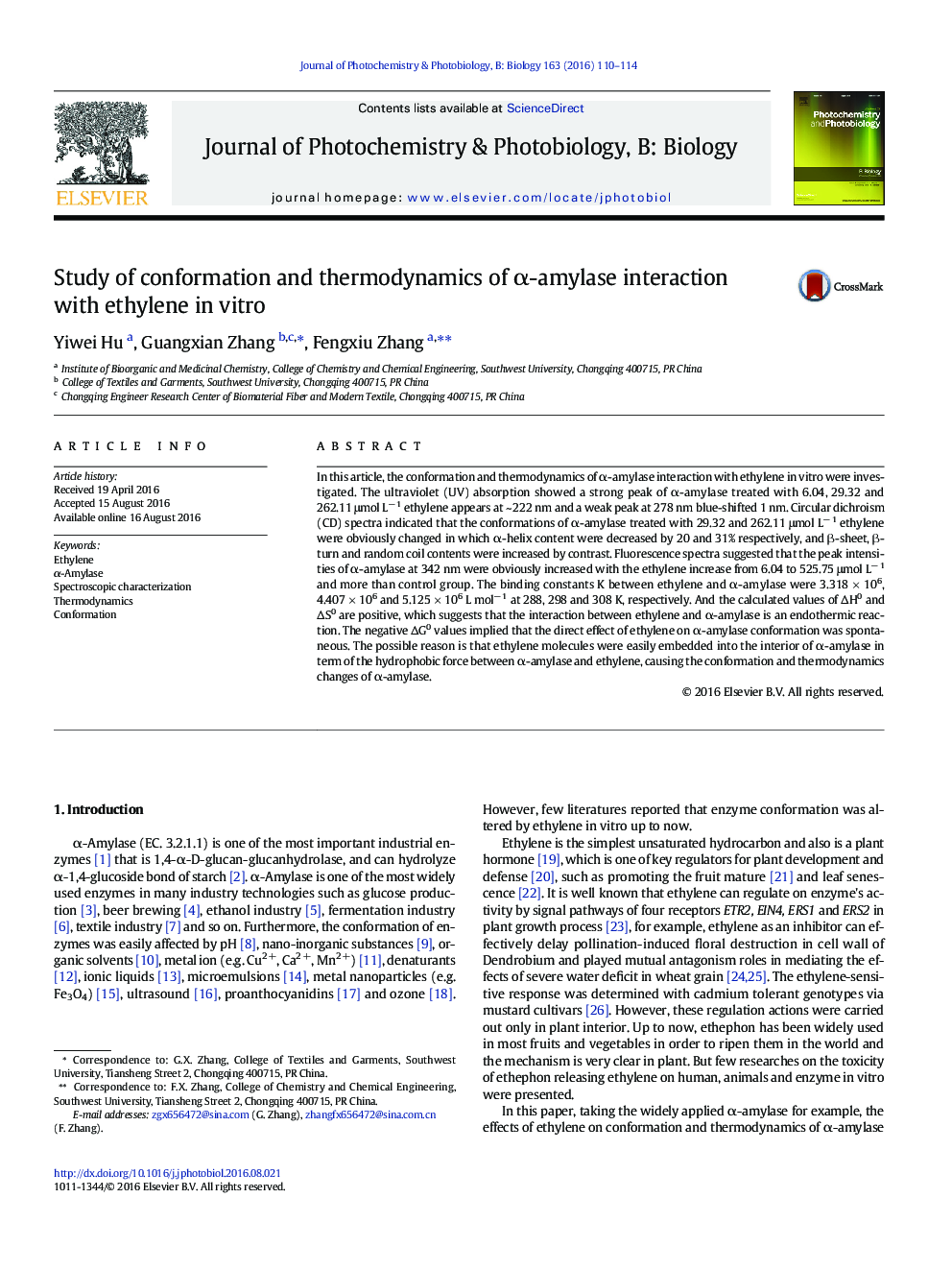 Study of conformation and thermodynamics of Î±-amylase interaction with ethylene in vitro