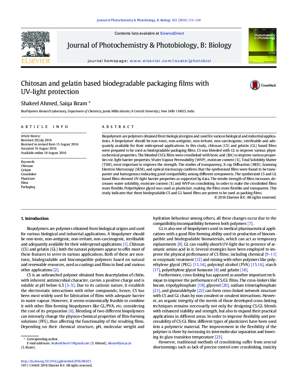 Chitosan and gelatin based biodegradable packaging films with UV-light protection