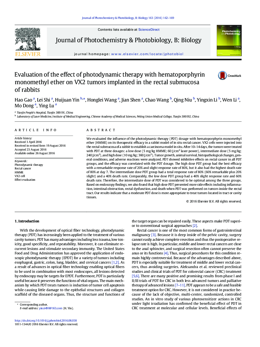 Evaluation of the effect of photodynamic therapy with hematoporphyrin monomethyl ether on VX2 tumors implanted in the rectal submucosa of rabbits