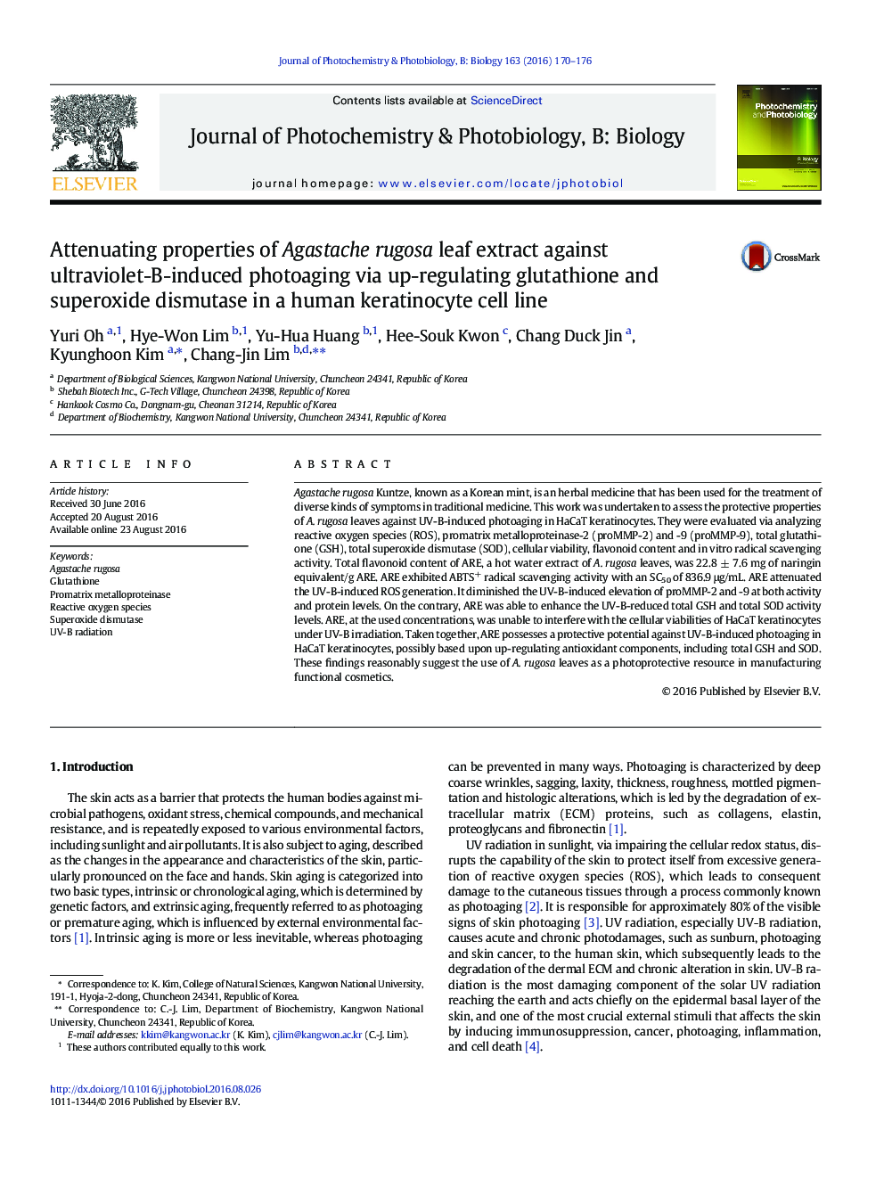 Attenuating properties of Agastache rugosa leaf extract against ultraviolet-B-induced photoaging via up-regulating glutathione and superoxide dismutase in a human keratinocyte cell line