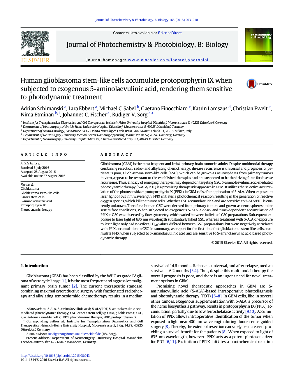 Human glioblastoma stem-like cells accumulate protoporphyrin IX when subjected to exogenous 5-aminolaevulinic acid, rendering them sensitive to photodynamic treatment