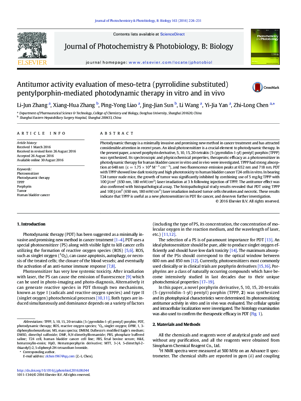 Antitumor activity evaluation of meso-tetra (pyrrolidine substituted) pentylporphin-mediated photodynamic therapy in vitro and in vivo