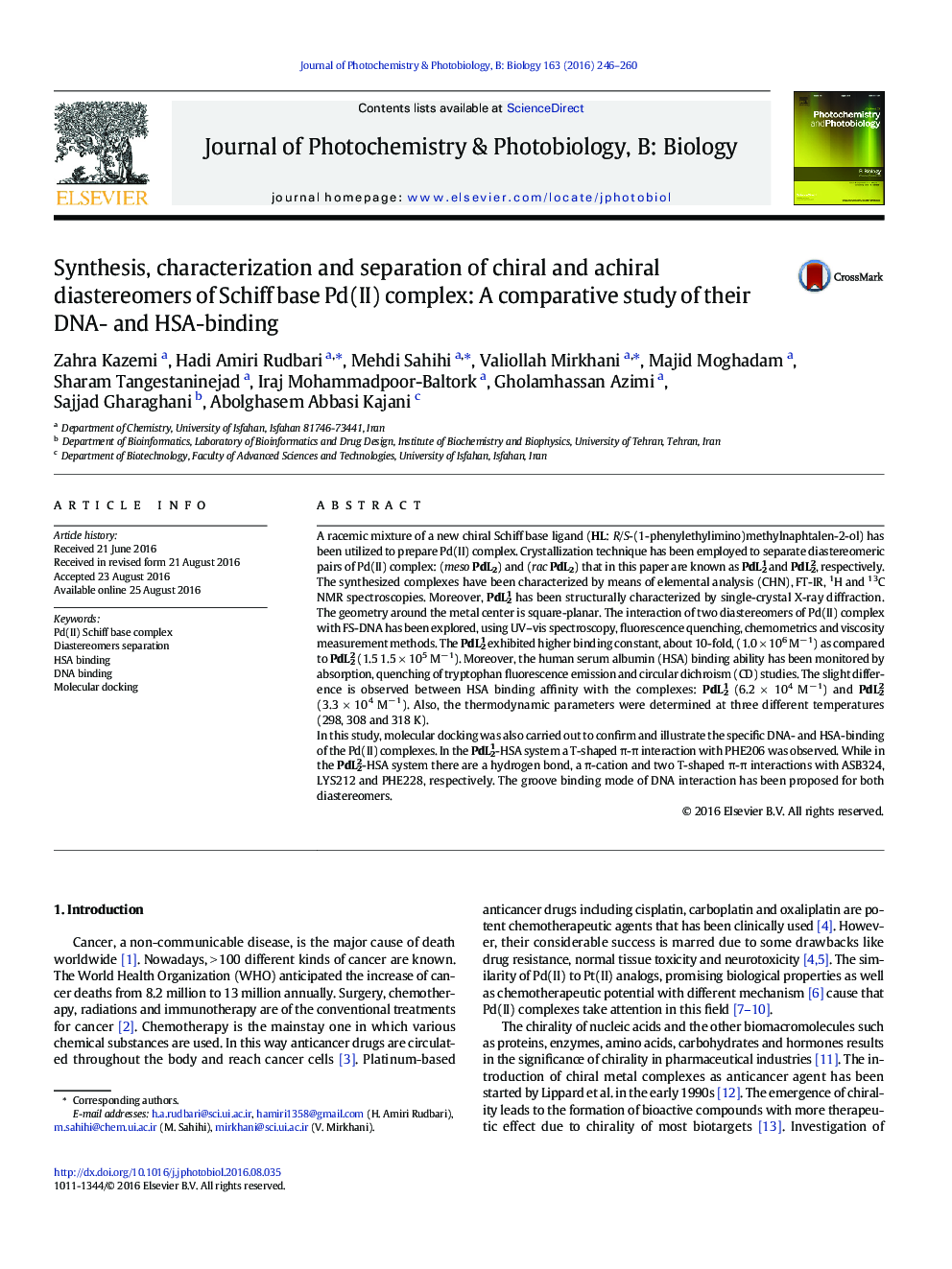 Synthesis, characterization and separation of chiral and achiral diastereomers of Schiff base Pd(II) complex: A comparative study of their DNA- and HSA-binding