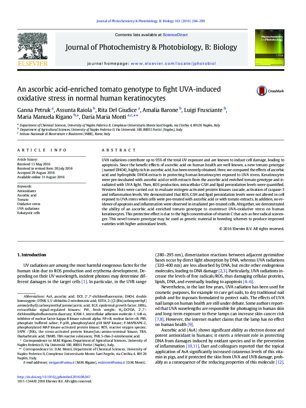 An ascorbic acid-enriched tomato genotype to fight UVA-induced oxidative stress in normal human keratinocytes