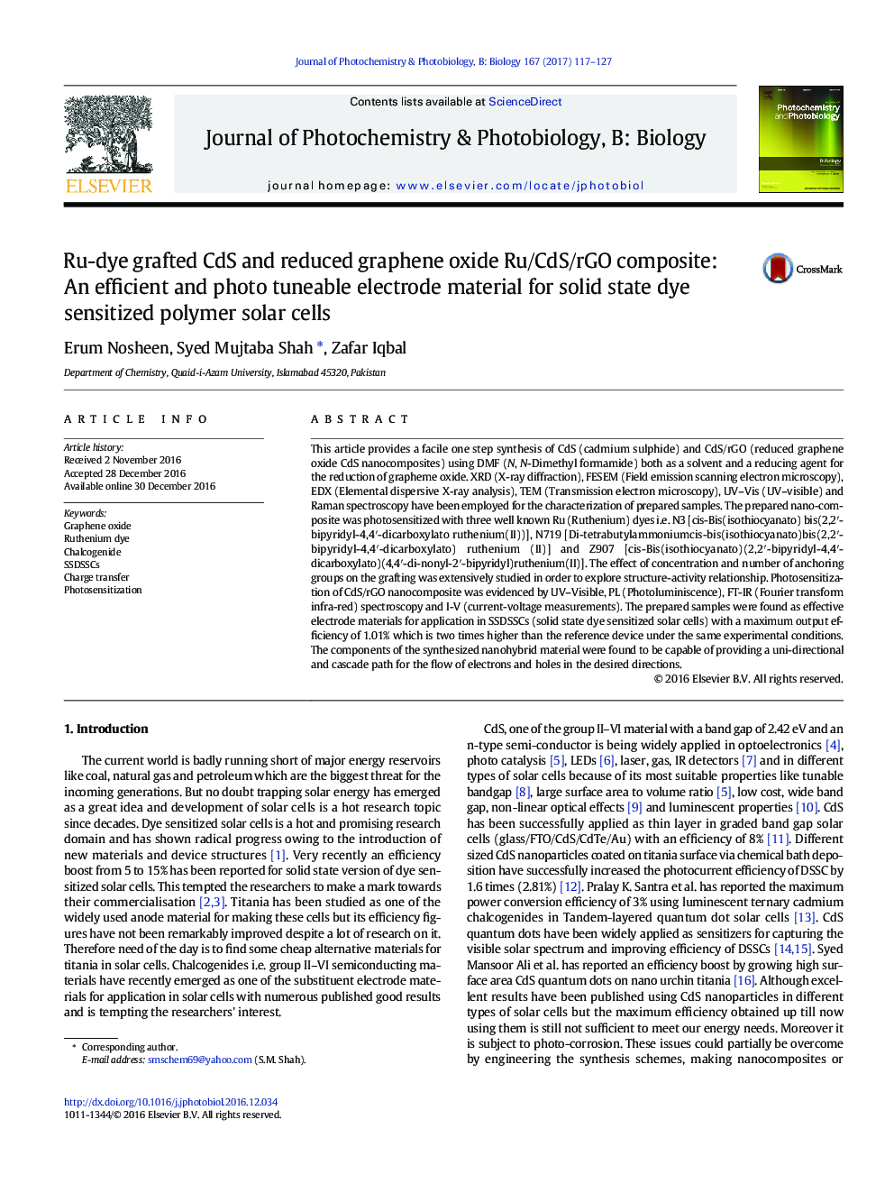 Ru-dye grafted CdS and reduced graphene oxide Ru/CdS/rGO composite: An efficient and photo tuneable electrode material for solid state dye sensitized polymer solar cells