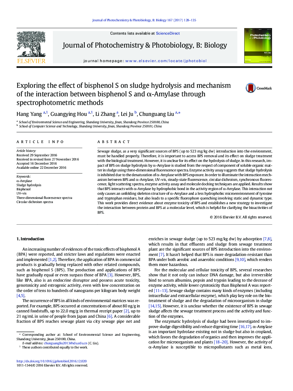 Exploring the effect of bisphenol S on sludge hydrolysis and mechanism of the interaction between bisphenol S and Î±-Amylase through spectrophotometric methods