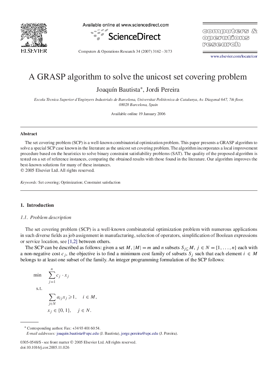 A GRASP algorithm to solve the unicost set covering problem