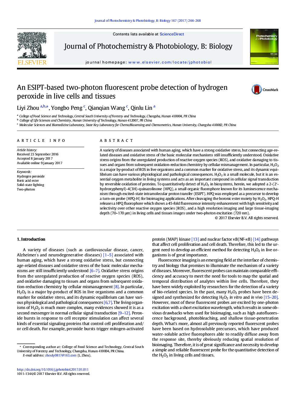 An ESIPT-based two-photon fluorescent probe detection of hydrogen peroxide in live cells and tissues