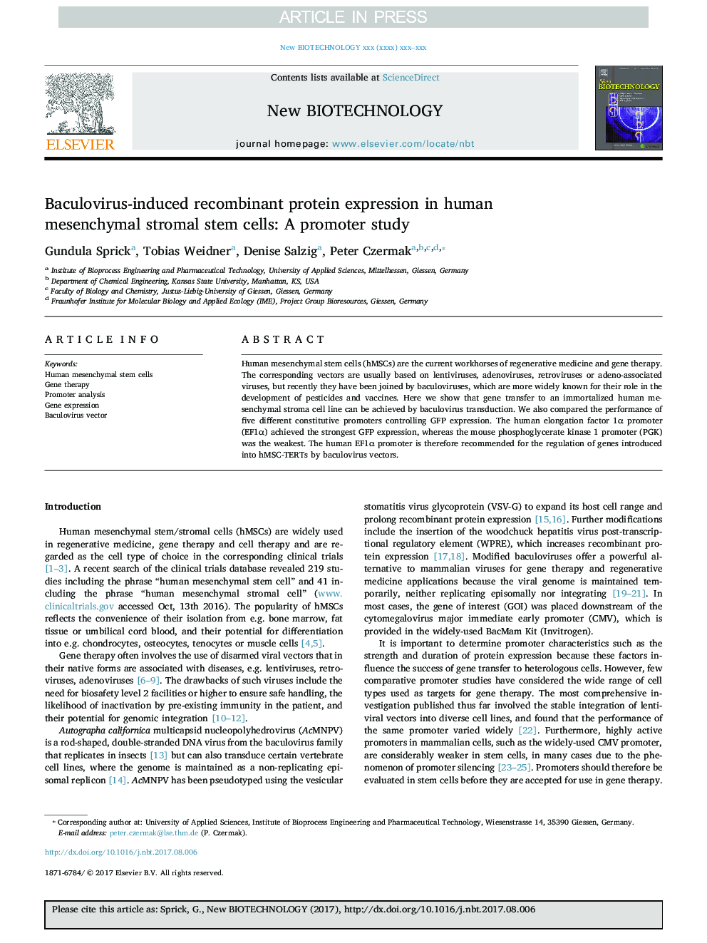 Baculovirus-induced recombinant protein expression in human mesenchymal stromal stem cells: A promoter study