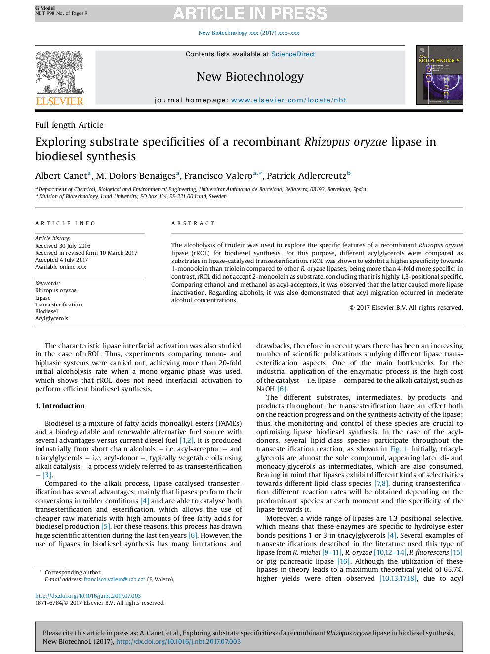 Exploring substrate specificities of a recombinant Rhizopus oryzae lipase in biodiesel synthesis