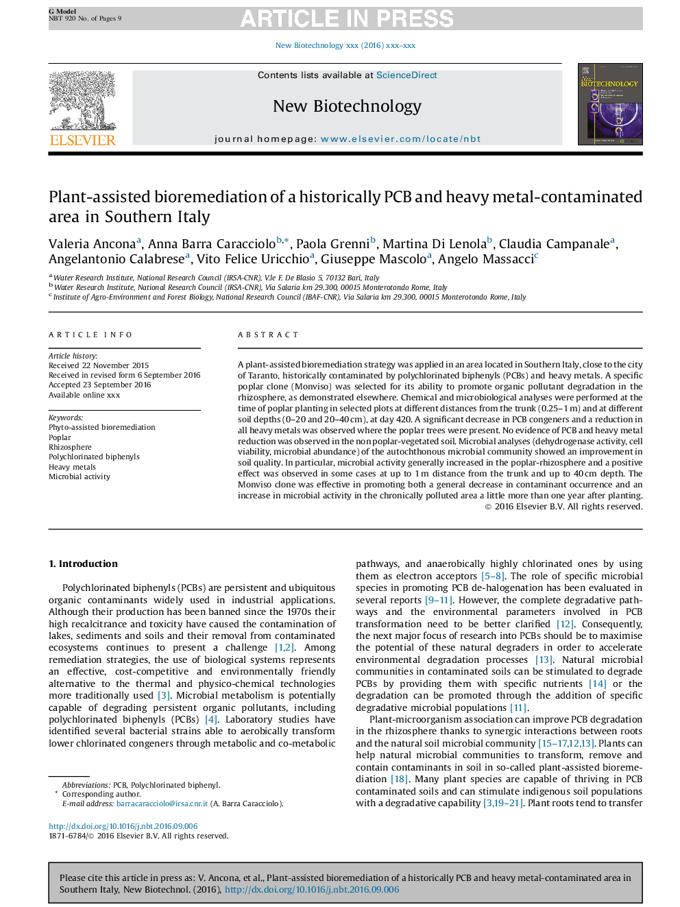 Plant-assisted bioremediation of a historically PCB and heavy metal-contaminated area in Southern Italy