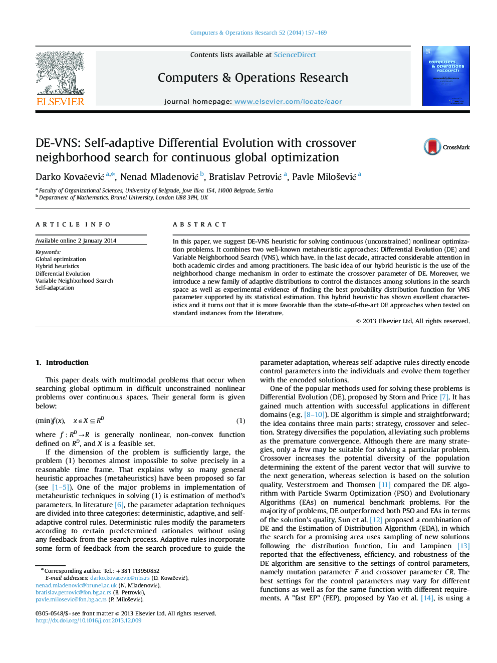 DE-VNS: Self-adaptive Differential Evolution with crossover neighborhood search for continuous global optimization