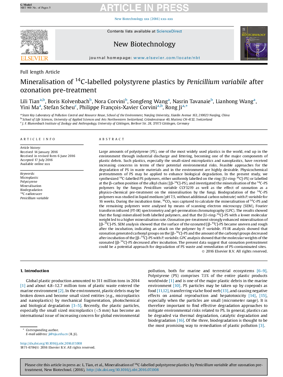 Mineralisation of 14C-labelled polystyrene plastics by Penicillium variabile after ozonation pre-treatment